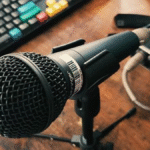 Close-up do microfone dinâmico Behringer XM8500 em um pedestal, destacando sua construção robusta em metal e a grade prateada, representando um áudio profissional com excelente custo-benefício.