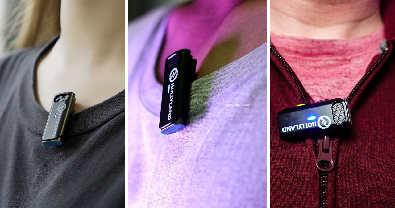 Kit do microfone de lapela sem fio Hollyland Lark M1 com seu case de carregamento aberto, exibindo os dois transmissores e o receptor.