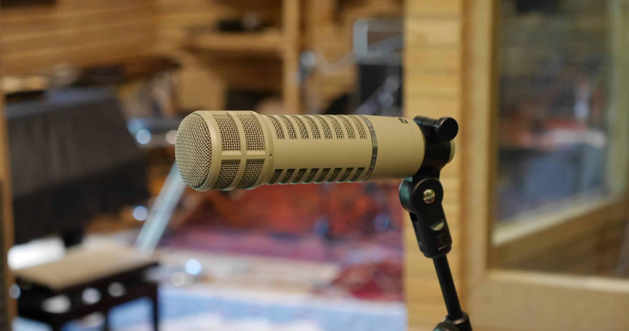 O lendário microfone dinâmico de broadcast Electro-Voice RE20 em seu design icônico e chassi de aço inoxidável.