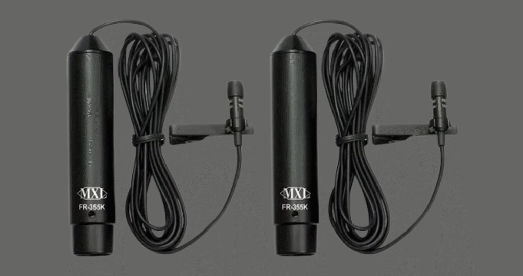O microfone MXL FR-355K, mostrando seu sistema de alimentação dupla: Phantom Power (+48V) via XLR e bateria AA.