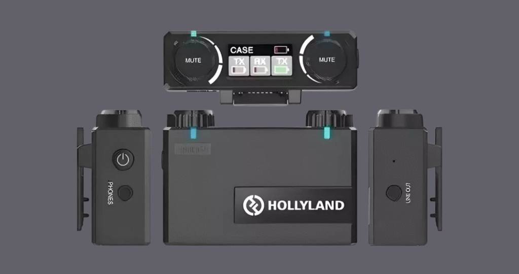Display OLED do receptor do Hollyland Lark 150 mostrando os níveis de bateria e áudio, e os botões para alternar entre os modos mono, estéreo e safety track.