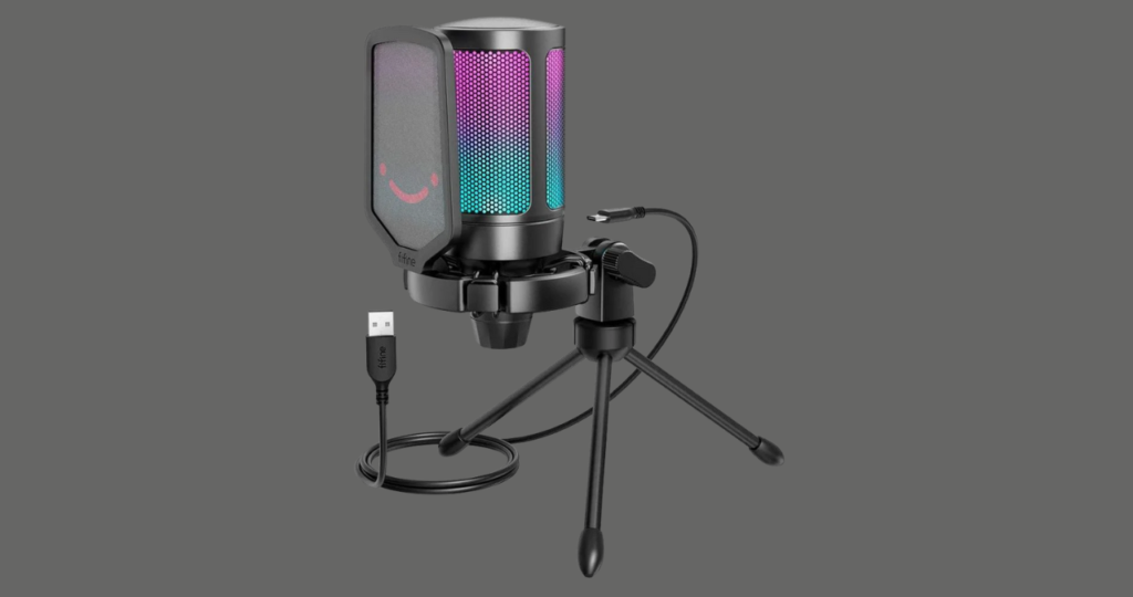 Detalhe superior do microfone Fifine A6V mostrando o sensor de mudo por toque (tap-to-mute) e a grade interna com LEDs RGB coloridos.