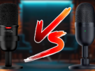 Comparativo entre os microfones USB HyperX SoloCast vs Razer Seiren Mini lado a lado em uma mesa, destacando as diferenças de tamanho e design para criadores de conteúdo.
