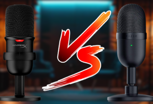 Comparativo entre os microfones USB HyperX SoloCast vs Razer Seiren Mini lado a lado em uma mesa, destacando as diferenças de tamanho e design para criadores de conteúdo.