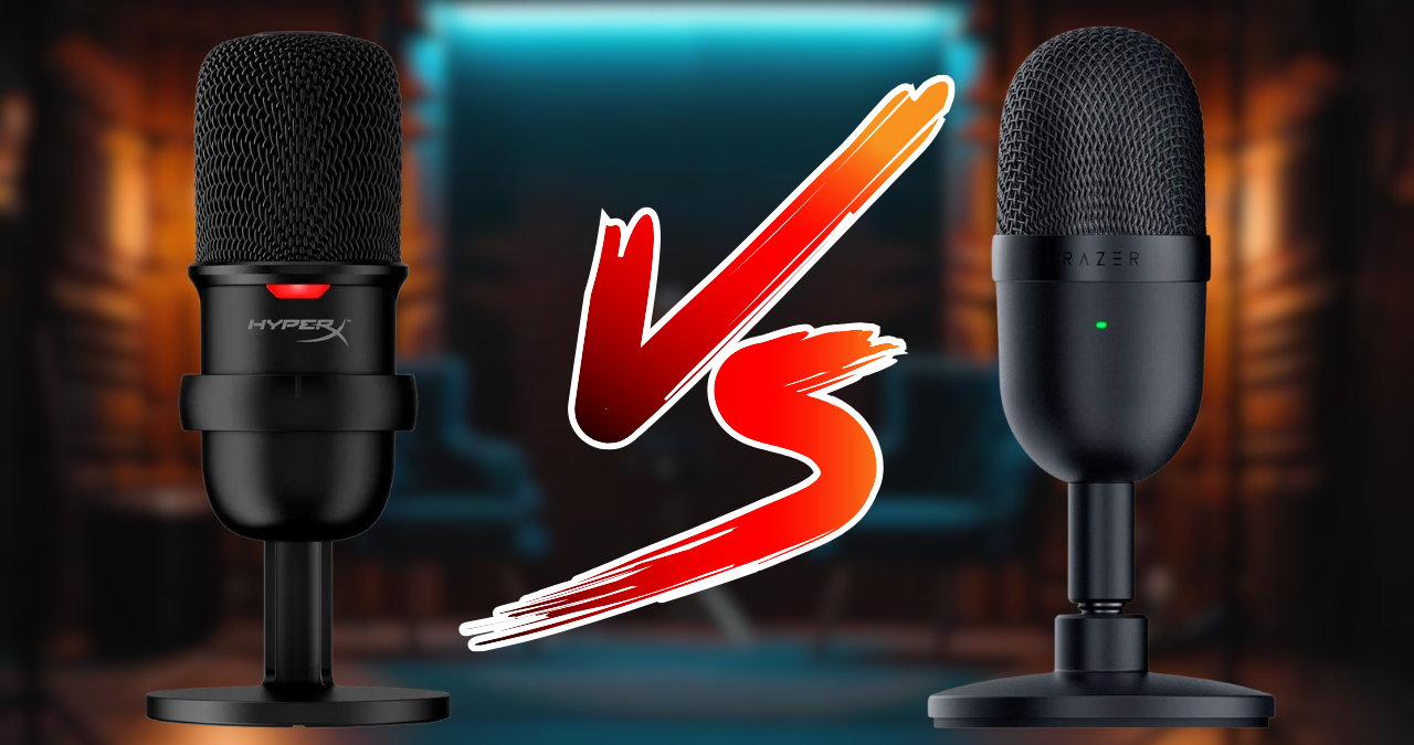 Comparativo entre os microfones USB HyperX SoloCast vs Razer Seiren Mini lado a lado em uma mesa, destacando as diferenças de tamanho e design para criadores de conteúdo.