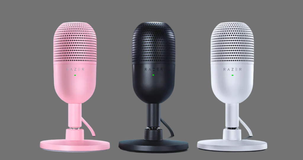 Opções de cores do Razer Seiren Mini (Preto, Branco Mercury e Rosa Quartz) em comparação ao acabamento preto fosco industrial do HyperX SoloCast.