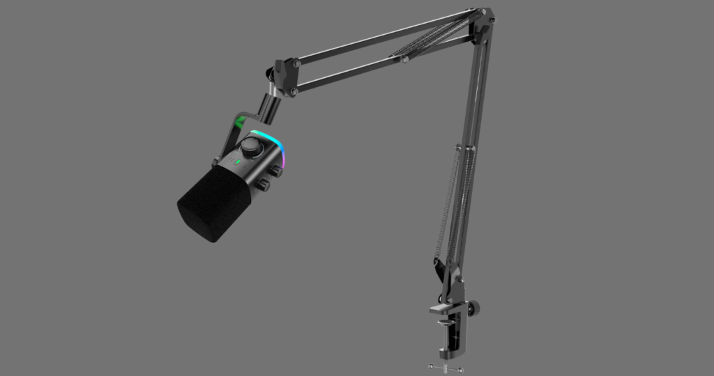 Sensor tátil de silenciamento (tap-to-mute) e botões de controle de ganho integrados no corpo do microfone Fifine Ampligame AM9.