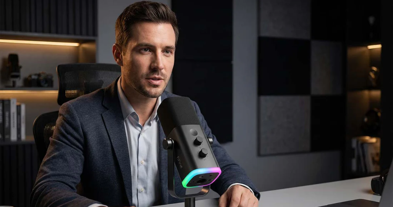 FIFINE AM8 microfone cardioide para streaming e podcast com RGB e botão mute